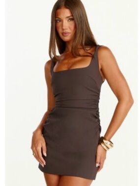 Showpo Eugenia Brown Square-Neck Ruched Mini Dress